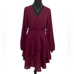 Woman’s Elegant V-Neck, Long Sleeve, Tiered Ruffle Burgundy/Merlot Mini Dress